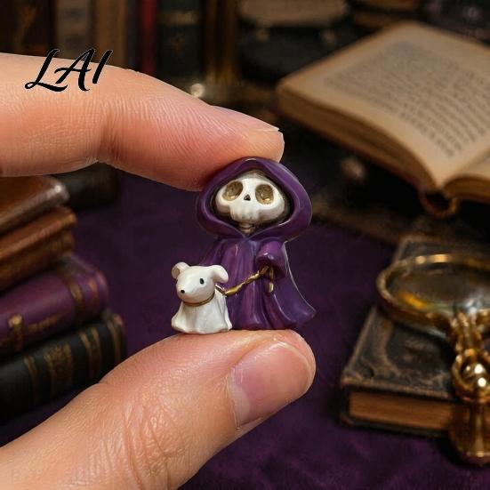 Holiday Skeleton Figurine Purple Robe for Halloween Middle Finger Walking Dog Sculpture Resin Statue Gothic Ornament Tabletop Display Figure