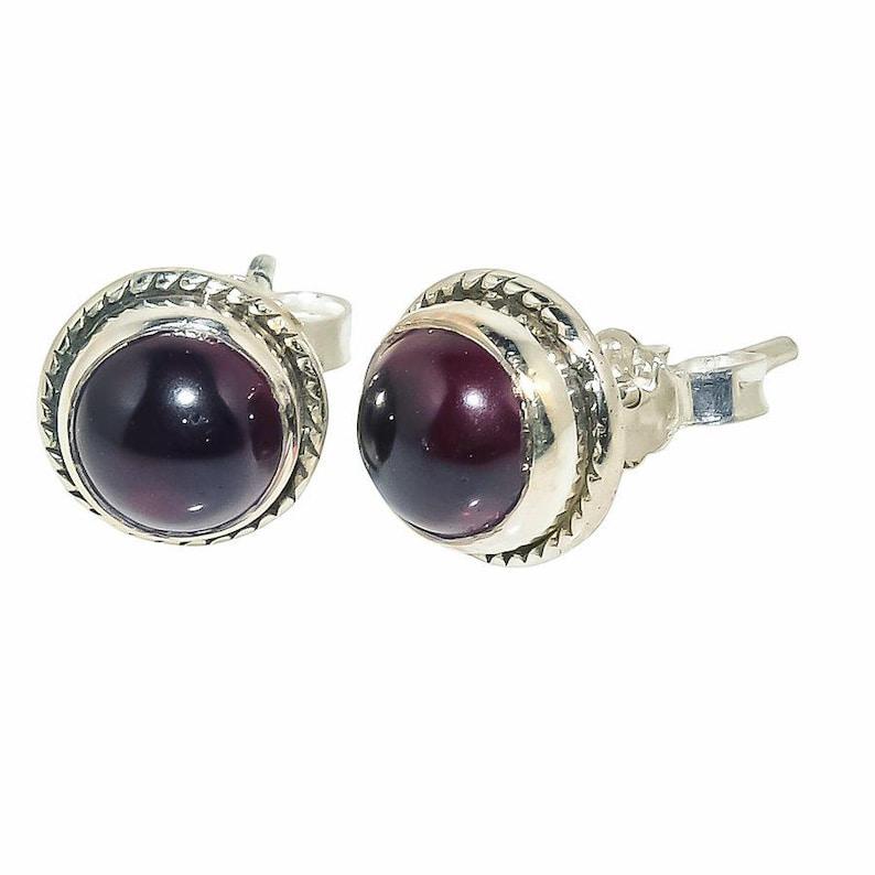Solid 925 Sterling Silver Garnet Round Stud Earrings Handmade Designer Women Stud Earrings