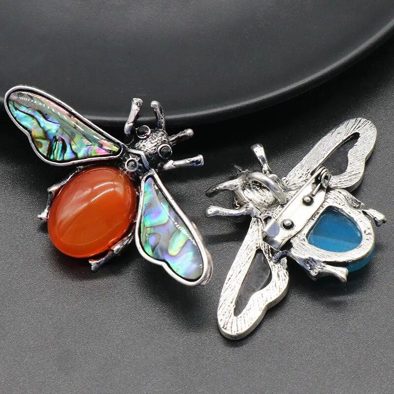35x56mm Cute Bee Shape Pendant Natural Stone Crystal Agate Abalone Shell Brooch Charms for Jewelry Making DIY Necklace Accessory