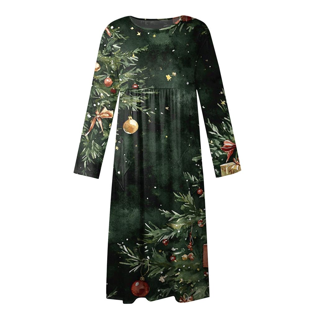 Women's Casual Crew-neck Christmas Print Mid-length Dress Long-sleeved Dress With Pocket