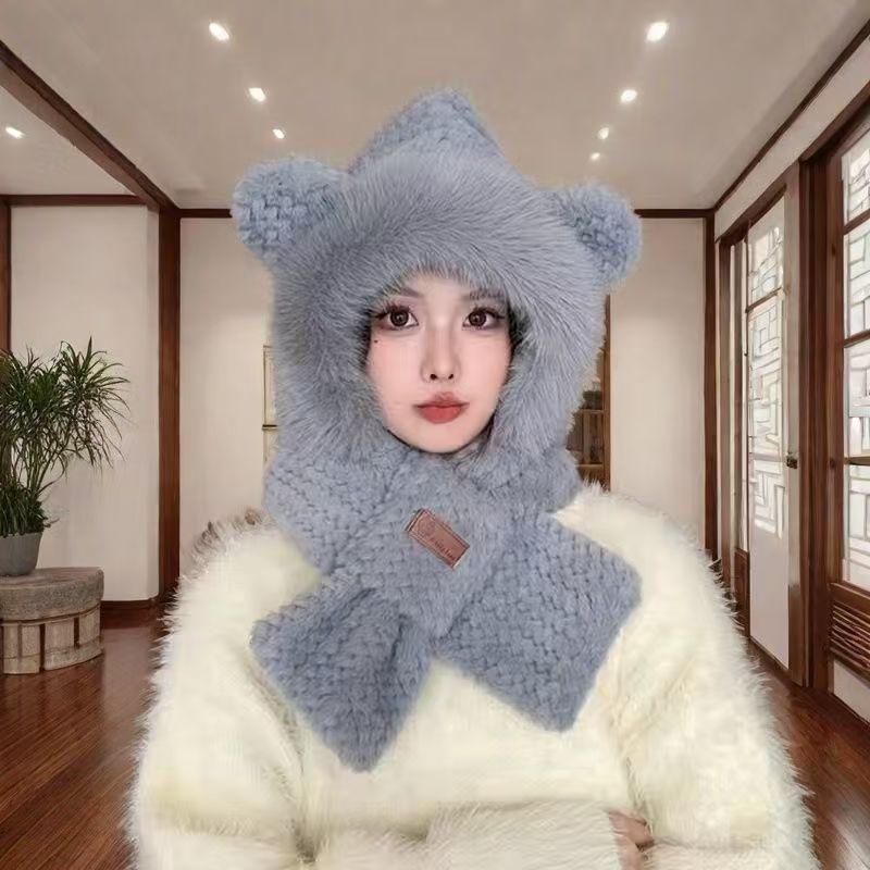 Winter New Cute Fluffy Integrated Hat Thickened Warm Cycling Plush Hat Two-piece Set Scarf Ear Protection Women's Hat