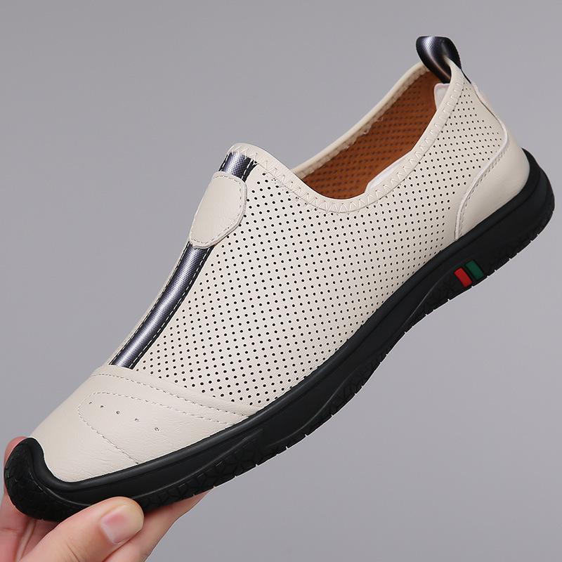Men's Shoes 2025 Summer New Breathable Thin Hollow Hole Shoes Black Leather One-pedal Lazy Casual Leather Shoes