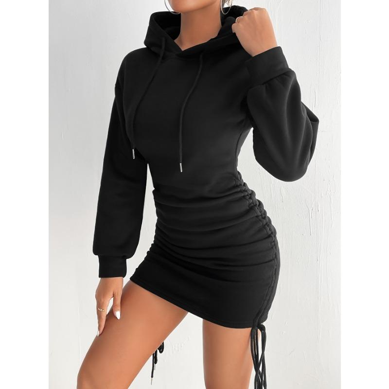 Women Fashion Side Drawstring Pleated Hooded Long Sleeve Sweatshirt Dress