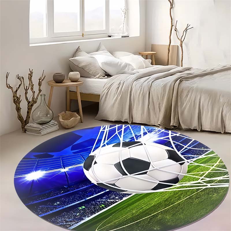 Soccer Ball Goal Stadium Print Round Area Rug Non‑Slip Circular Floor Mat Sport Theme Home Decor for Living Bedroom Gaming Room