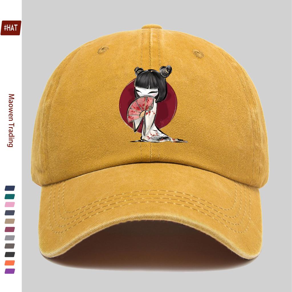 pc Cute Japanese Style Handheld Folding Fan Print Baseball Cap with Cartoon Cherry Blossom Print Design Sun Hat Comfortable Lig