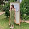2025 Summer V-Neck Bamboo Swing Camisole Dress - Women's Slimming Spaghetti Strap Faux Silk Satin Long Dress