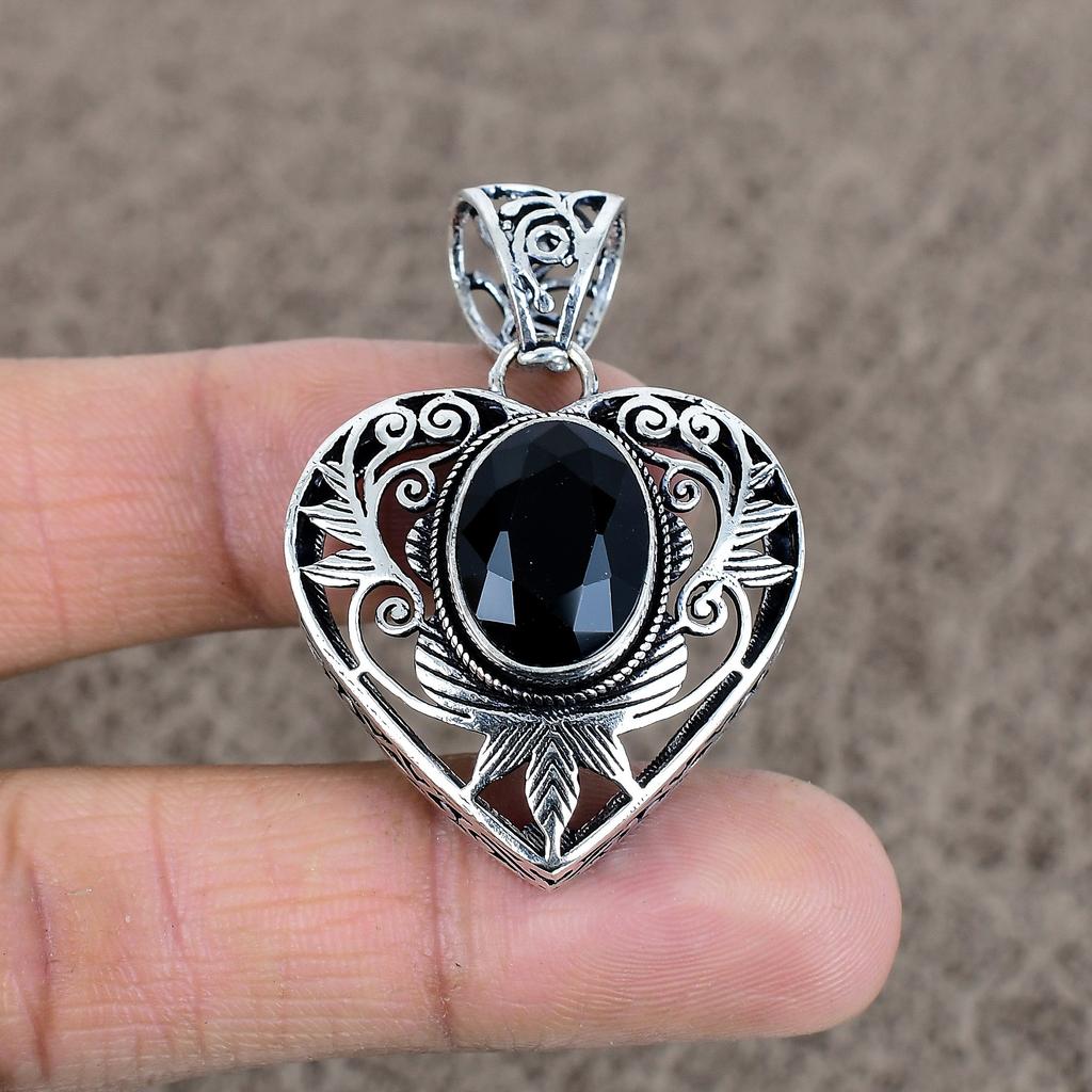 Black Spinel Gemstone Handmade 925 Sterling Silver Jewelry Pendant 1.77" KKG-52