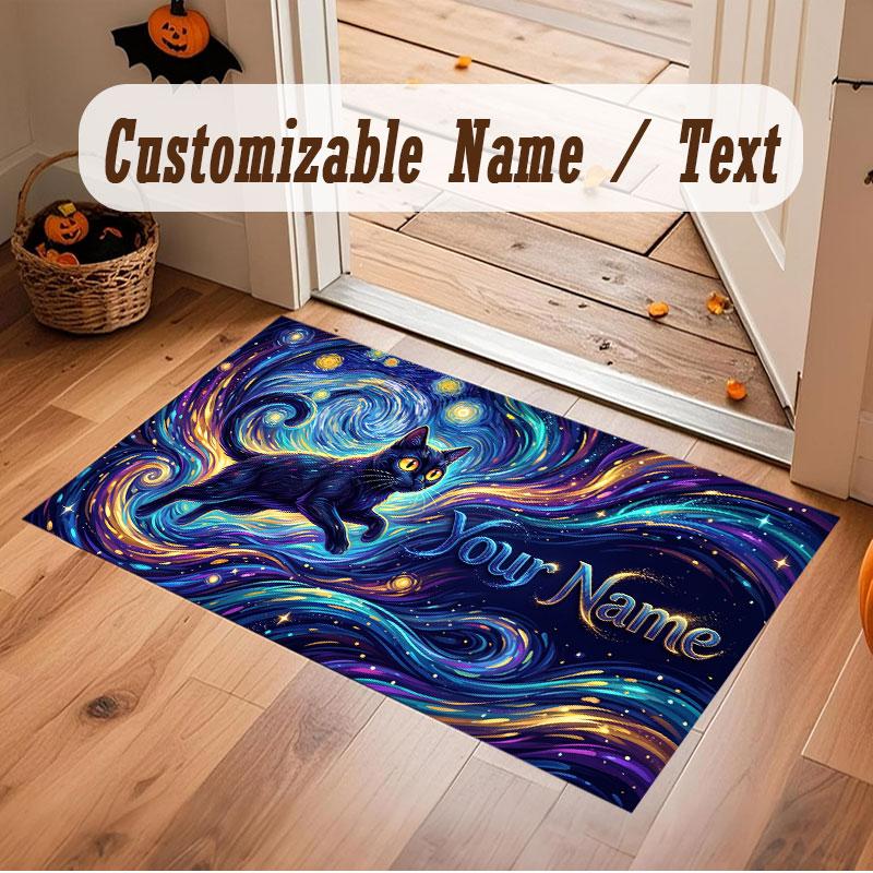 Cat Theme Crystal Velvet Floor Rug Personalized Custom Name Text Warm Carpet Home Decoration