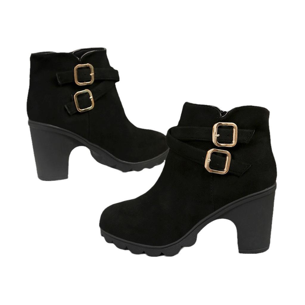 Fashion Large Size Martin Boots Women's Retro Chubby Heel Belt Buckle Fashion Boots Round Head High Heel Short Boots