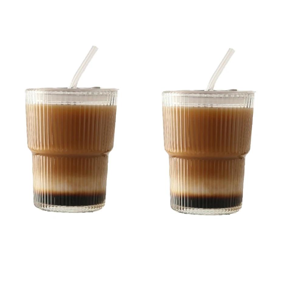2 Pack of 450ML/15 Oz Vertical Fluted Glassware with Lids and Glass Straws Durable Lead-free Glassware for Everyday Use