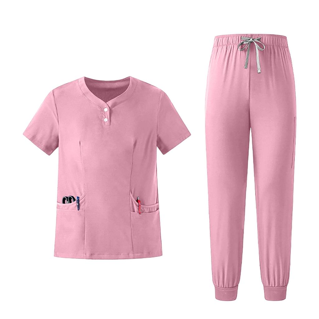 Women's Uniform Set Quick-Dry Color Short Sleeve Top and Pant with Pockets for Nurses and Caregivers