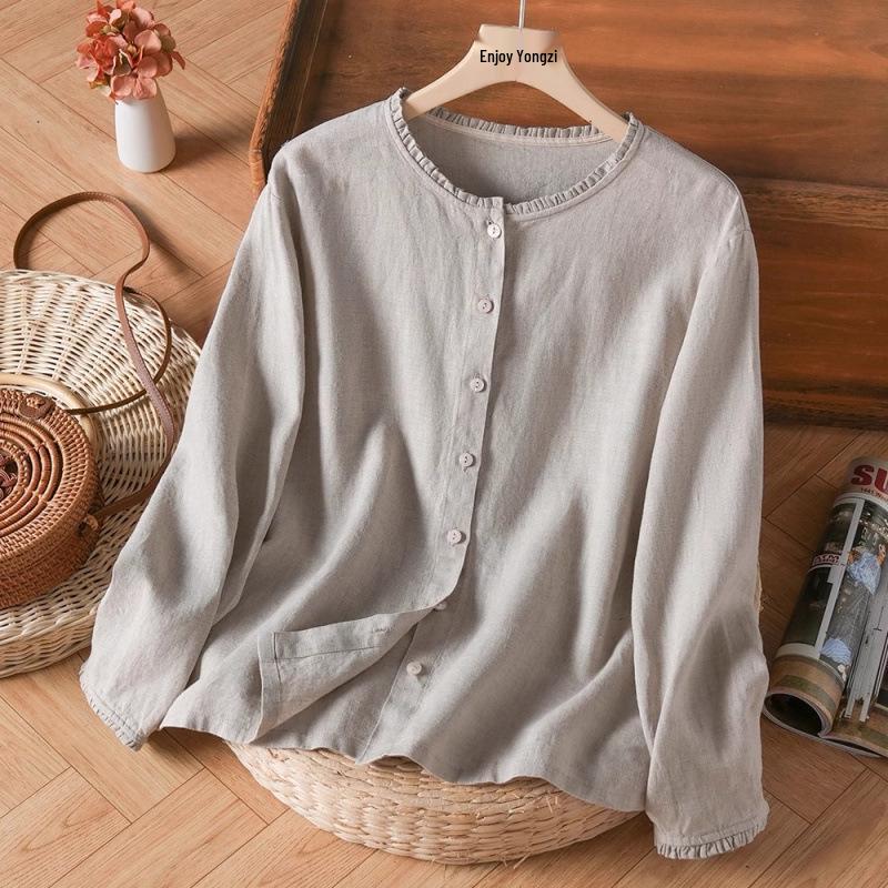 Autumn 2025 Cotton Linen Ruffle Trim Retro Long Sleeve Blouse