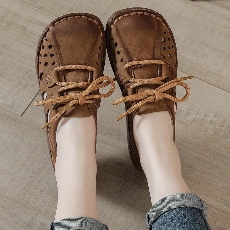 Cow Genuine Leather Soft Soled Hollow Sandals for Women Retro Casual Women Shoes Comfy Retro Wide Toe Thick Soled Women's Shoes