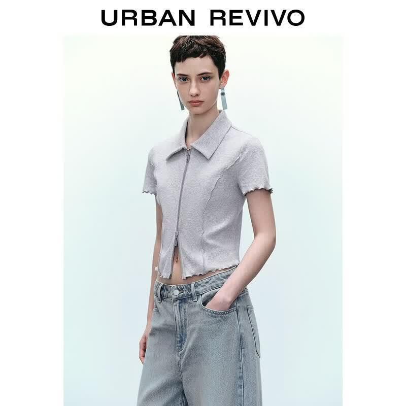 UR2026 Women s Slim Fit Double Zipper Short Sleeve Shirt S