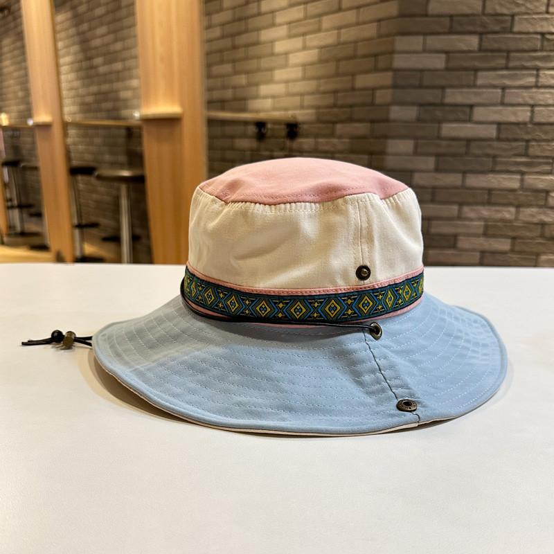 Retro Ethnic Style Sun Protection Fisherman Hat For Women Blue Color Block Wide Brim Hat Men Outdoor Hat