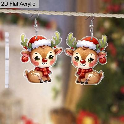 2D Flat Christmas Reindeer Dangle Earrings, Lightweight Acrylic Material,Ideal for Party Gifts, Jewelry, and Christmas Gifts.