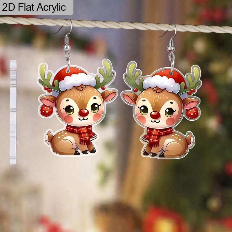 2D Flat Christmas Reindeer Dangle Earrings, Lightweight Acrylic Material,Ideal for Party Gifts, Jewelry, and Christmas Gifts.