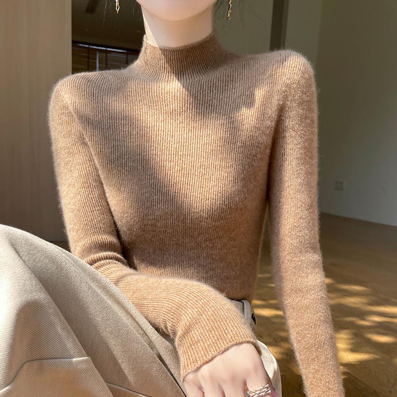 Women's Seamless Slimming Knit Top - Half-High Neck, Long Sleeve, Elegant Autumn/Winter Wool Innerwear