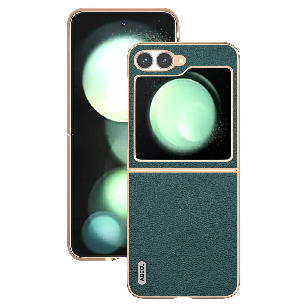ABEEL For Samsung Galaxy Z Flip7 FE 5G/Z Flip6 5G Case Electroplating Edge Genuine Cow Leather Coated PC Phone Cover