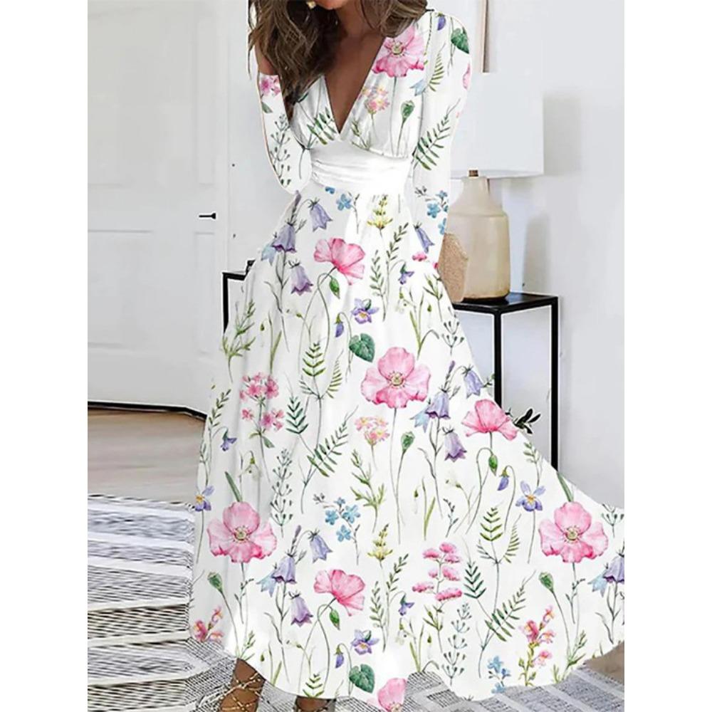 JPNTKY Women's Fashion Autumn Winter Floral Print Long Sleeve V-Neck Casual Dresses
