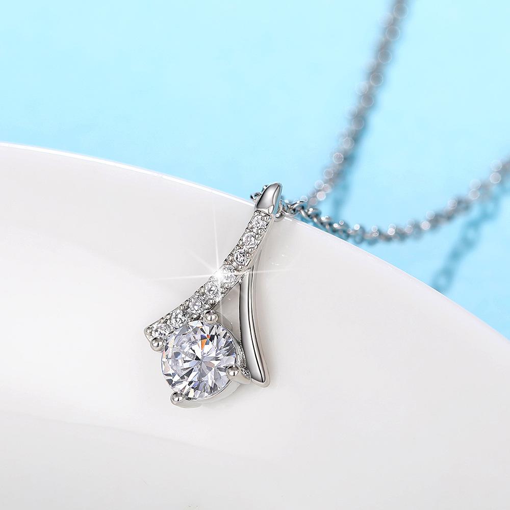 Silver Plated Round Cut CZ Solitaire Pendant Necklace, Twisted Accent Cable Chain Necklace for Women