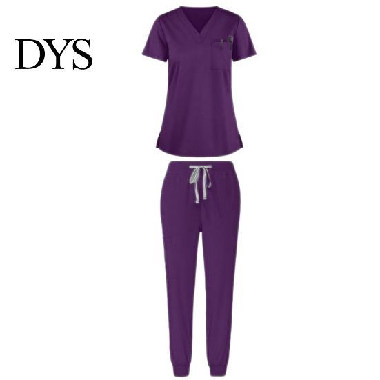 Dentist Uniform 2Pcs/Set Women Hospital Set V-neck Short Sleeve Pockets Tops Elastic Waist Nurse Top Jogger Pants Quick Drying Dental Nursing