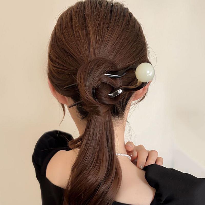 Chinesischer Stil Runde Perle U-förmige Haarnadel Retro Wellenförmige Haarstäbchen für Frauen Acryl Kopf Gewickelte Haare Haarnadel Zubehör