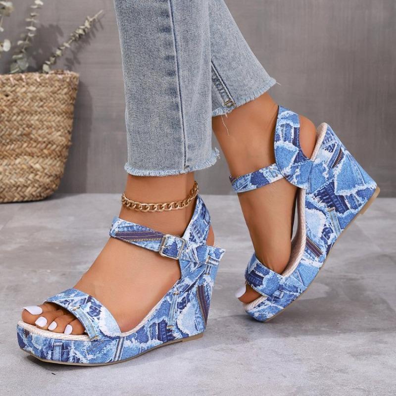 2026 New Women's Wedge Sandals Fashion Floral Printed Canvas Shoes Elegant Lady Large Size Casual Sandals