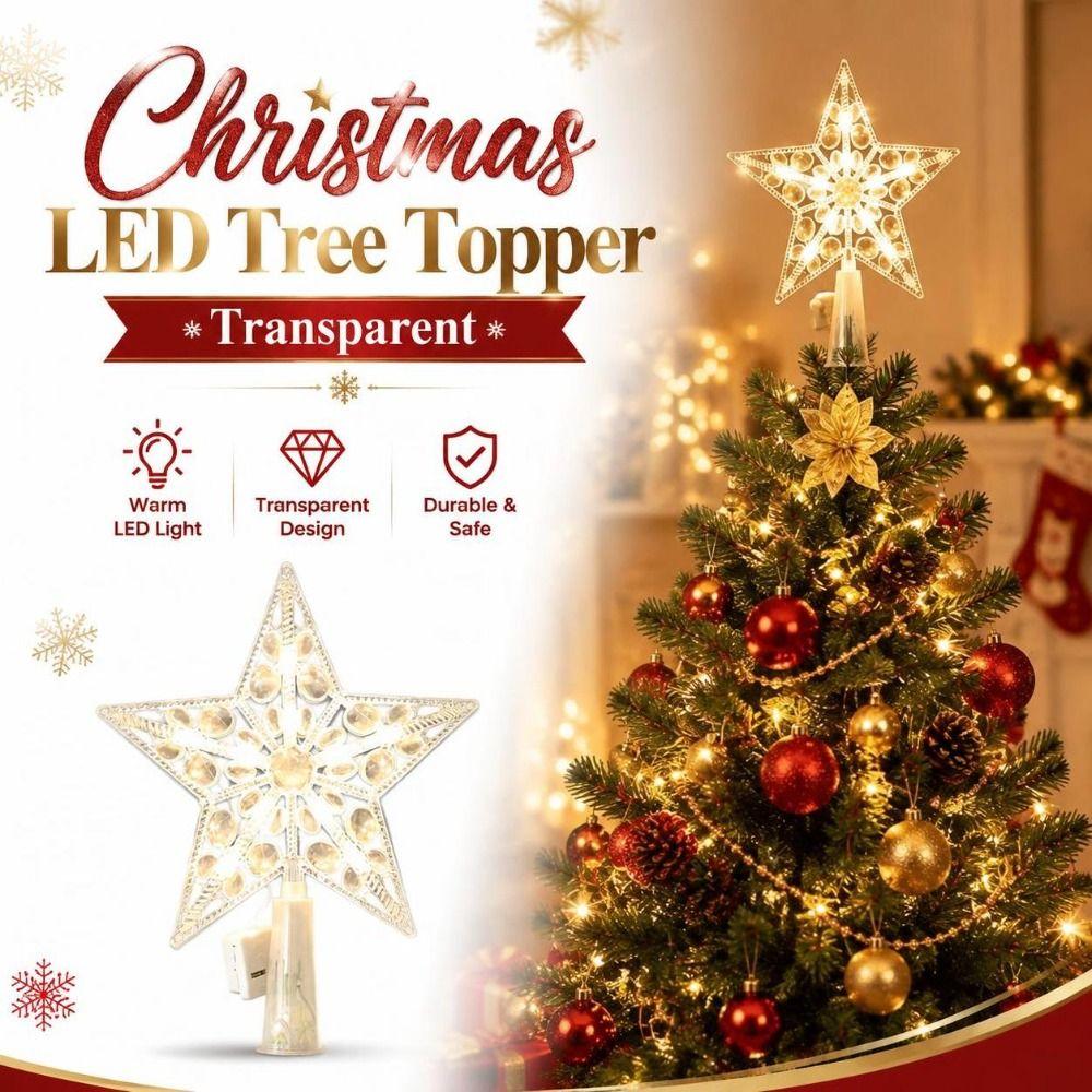 Warmweißer LED-Sternen-Topper Transparenter beleuchteter Baumstern Fünfzackiger Stern-Topper Feiertags-Raumdekoration