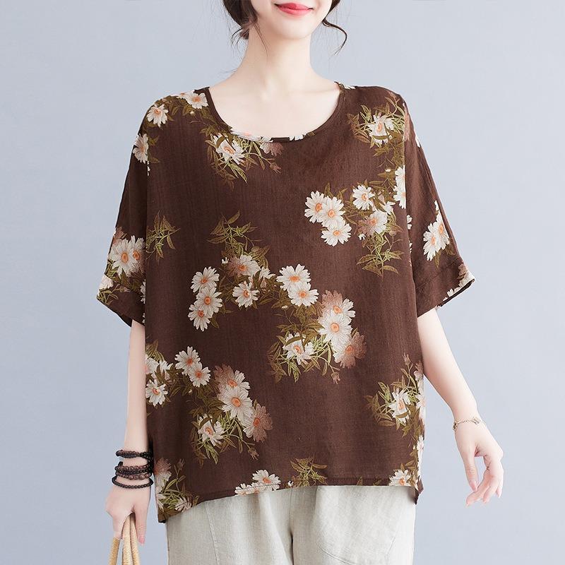 Übergröße Damenbekleidung Sommer Künstlerisches Rundhals Bedrucktes Kurzarm T-Shirt Damen Pullover Fledermausoberteil Damen