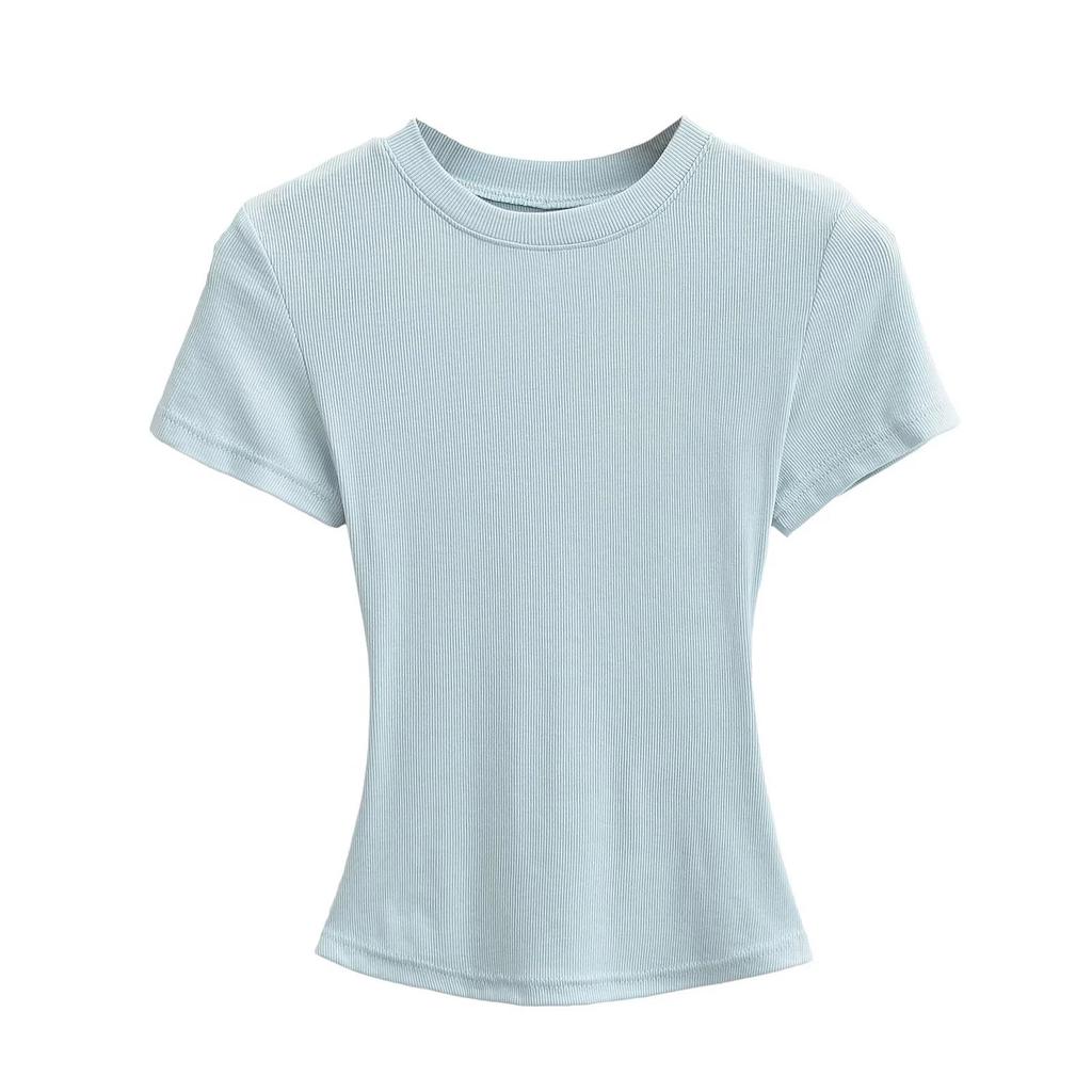 Women's Summer Stretch Slim Fit Ribbed Crop Top - Round Neck, Short Sleeve, Solid Color