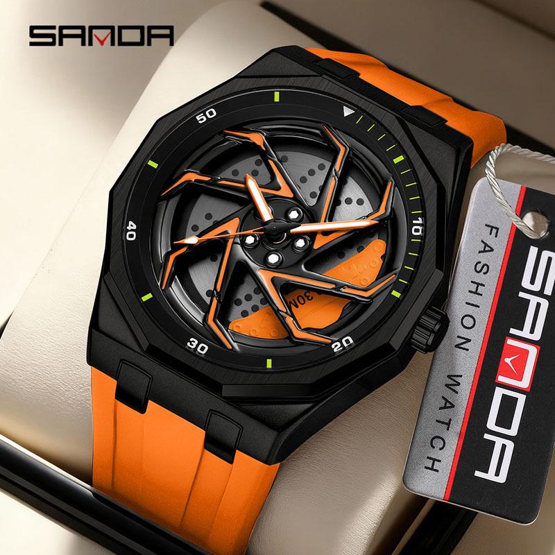SANDA Men's Waterproof Luminous Polygonal Quartz Watch with 3D Rotating Dial and Silicone Band