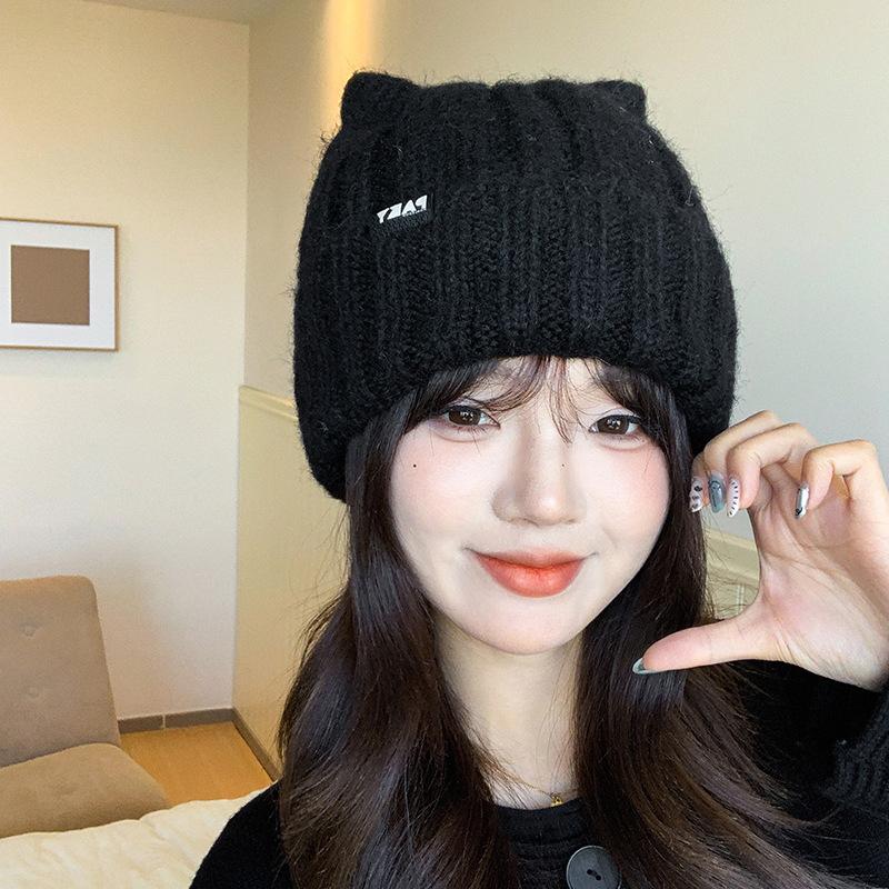 Korean Style Autumn and Winter Knitted Hat for Women Fashionable Letter Mark Cute Cat Ears Woolen Hat Warm and Face Friendly Small Pullover Hat