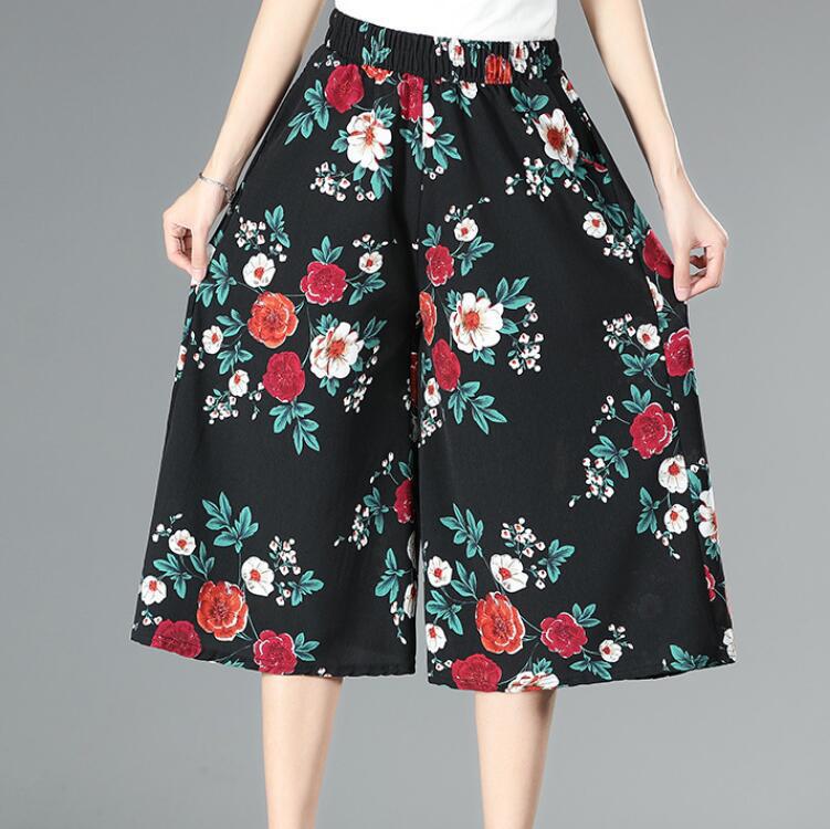 Middle Aged and Elderly Women's New Summer Half Skirt Cropped Pants Mom Elastic High Waist Wide Leg Pants Skirt Pants