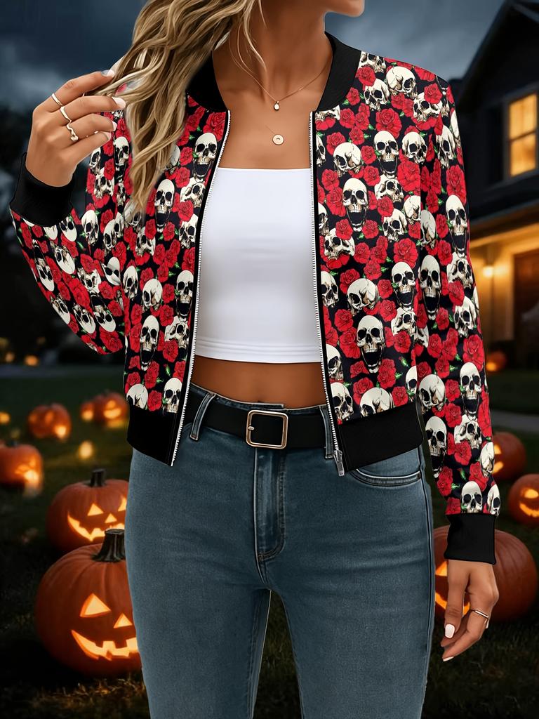Women's Halloween all-over printed casual zipper jacket
