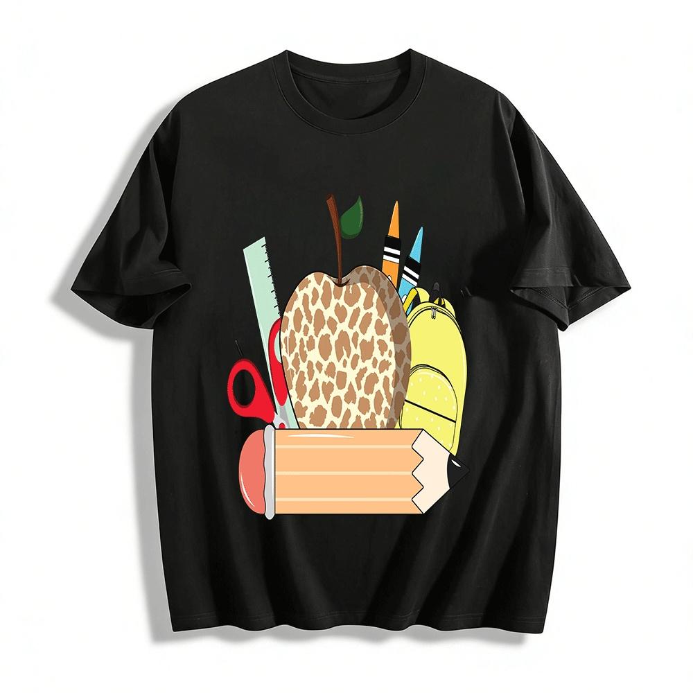 Leopard Print Apple Stationery Graphic Kids  Top Pure cotton T-shirt XXS