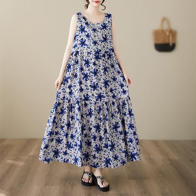 DIMANAF Plus Size Dress Summer Women Vintage Linen Elegant Style Sleeveless Floral Loose New Long Dress 8027