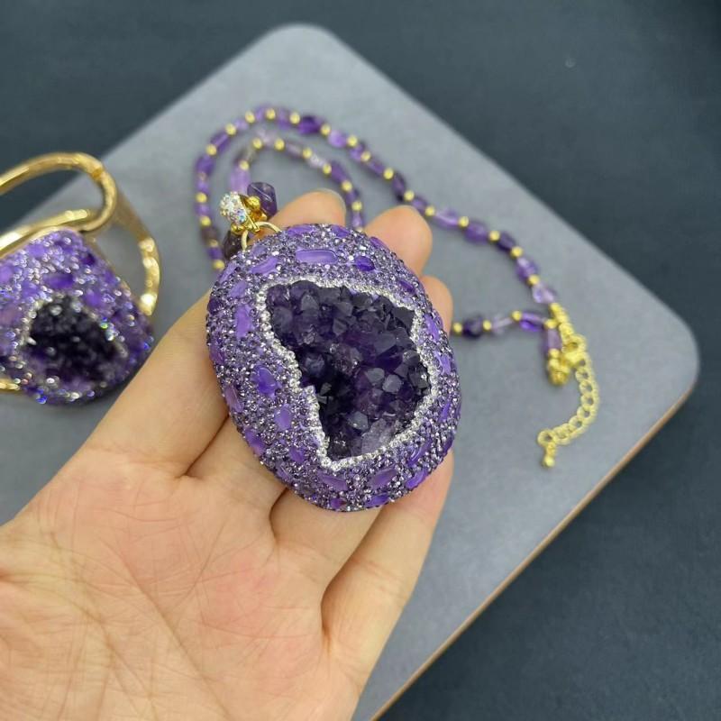 Natural Uruguay Amethyst Rough Stone Set With Handmade Knit Chain Necklace Bracelet Women
