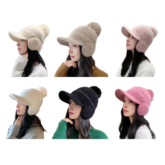 Knitting Hat Solid Color Plush Ball Decor Ear Protection Winter Hat Winter Thickened Warm Windproof Hat Headwear