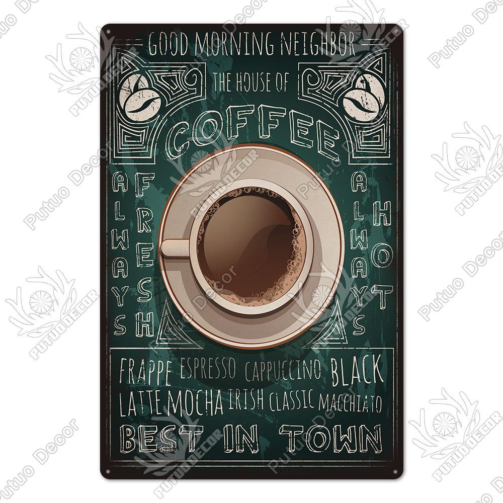Putuo Decor Coffee Vintage Tin Metal Sign Decorative Plaque Retro Plate Cafe Kitchen Man Cave Coffee Bar Club Wall Decoration