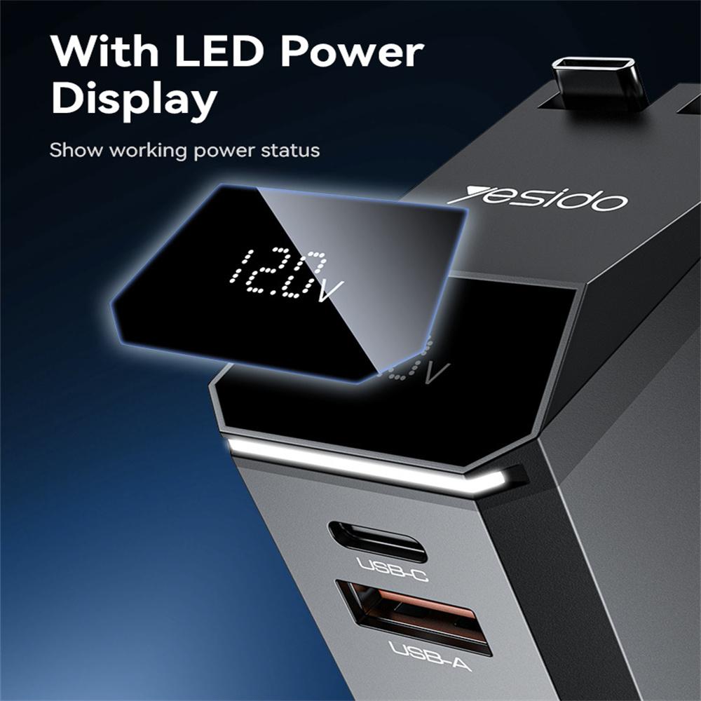 YESIDO Y71 125W Fast Charging USB A + Type C Car Charger with Retractable Cable and iP Adapter