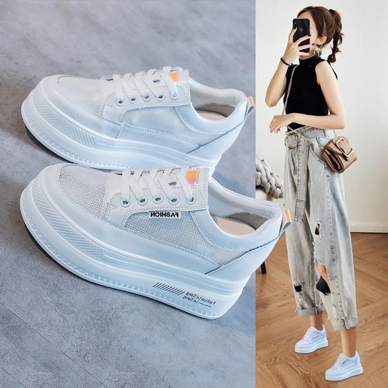 2025 autumn soft leather new inner height increase little white shoes versatile breathable mesh lace-up loose concession shoes slope heel low-top shoe