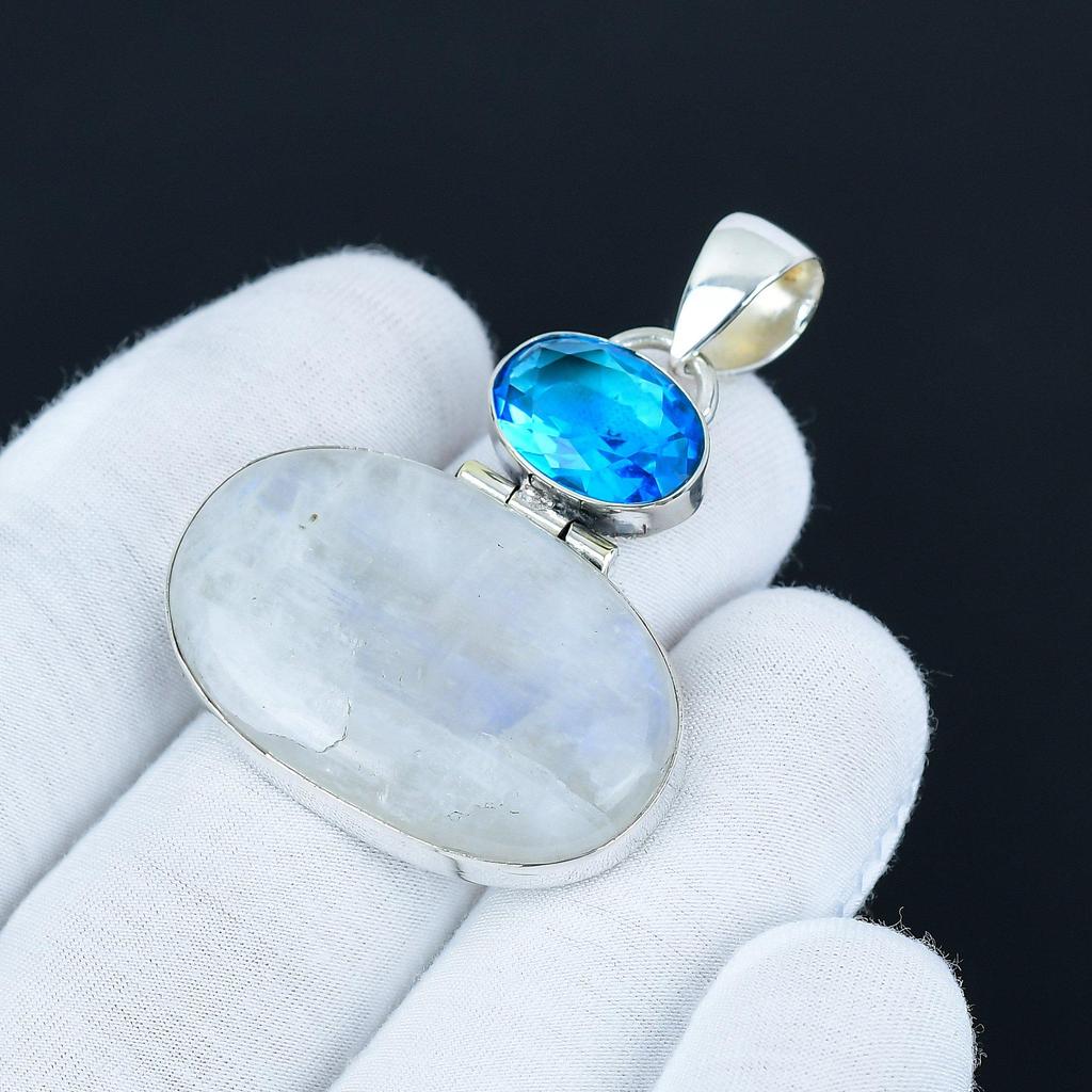 Natural Rainbow Moonstone Pendant 925 Sterling Silver Jewelry – Boho Statement Necklace – Blue Topaz Gemstone Pendant Unique Gifts for Her