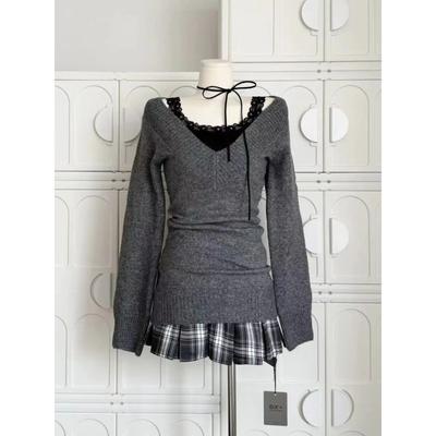 Pulls tricotés vintage à col en V pour femmes, nouveaux pulls à manches longues Slim Fit Y2k pour début d'automne