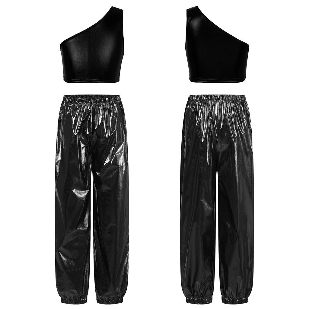 Girls Dance Party Outfit One Shoulder Metallic Cropped Vest Shiny Pants Set for Stage Performances Birthday Events