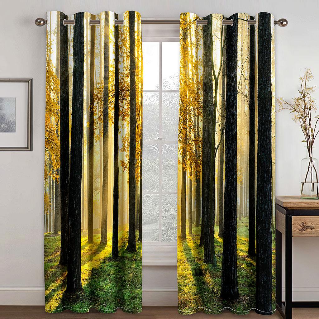 3D Forest Maple Leaf Natural Scenery Sunset Green Trees Design Thin 2 Pieces Curtains for Living Room Bedroom Window Drape Decor
