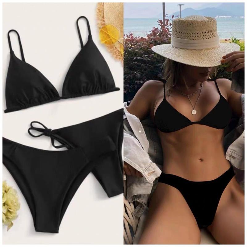 Women Sexy Three Piece Bikini Set Solid Color Swimwear
