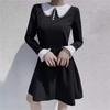 Women's Fashion Temperament Black &  Collar Sheath Long Sleeve Midi Dress