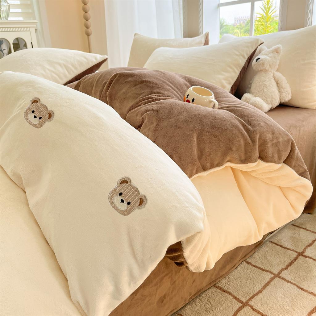 Thickened Milk Fleece Four-Piece Set, Embroidered Coral Fleece Quilt Cover, Thermal Bedding, Fleece Bed Sheet Three-Piece Set