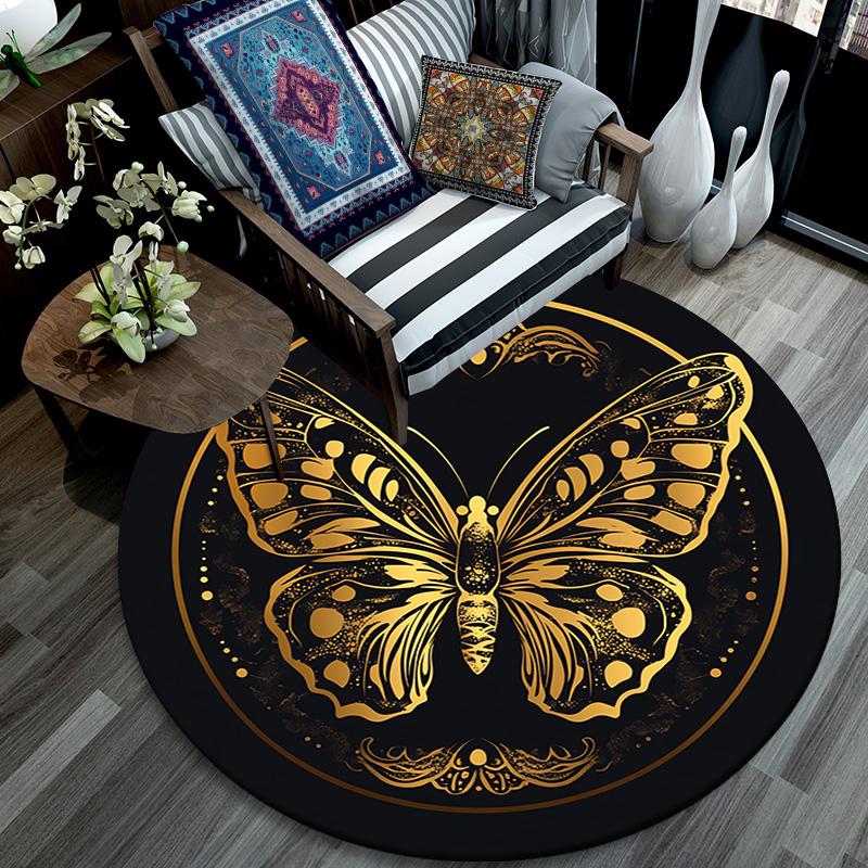 Golden Butterfly Round Area Rug,Carpet Rug for Living Room Bedroom Sofa Playroom Decor,Non-slip Floor Mat